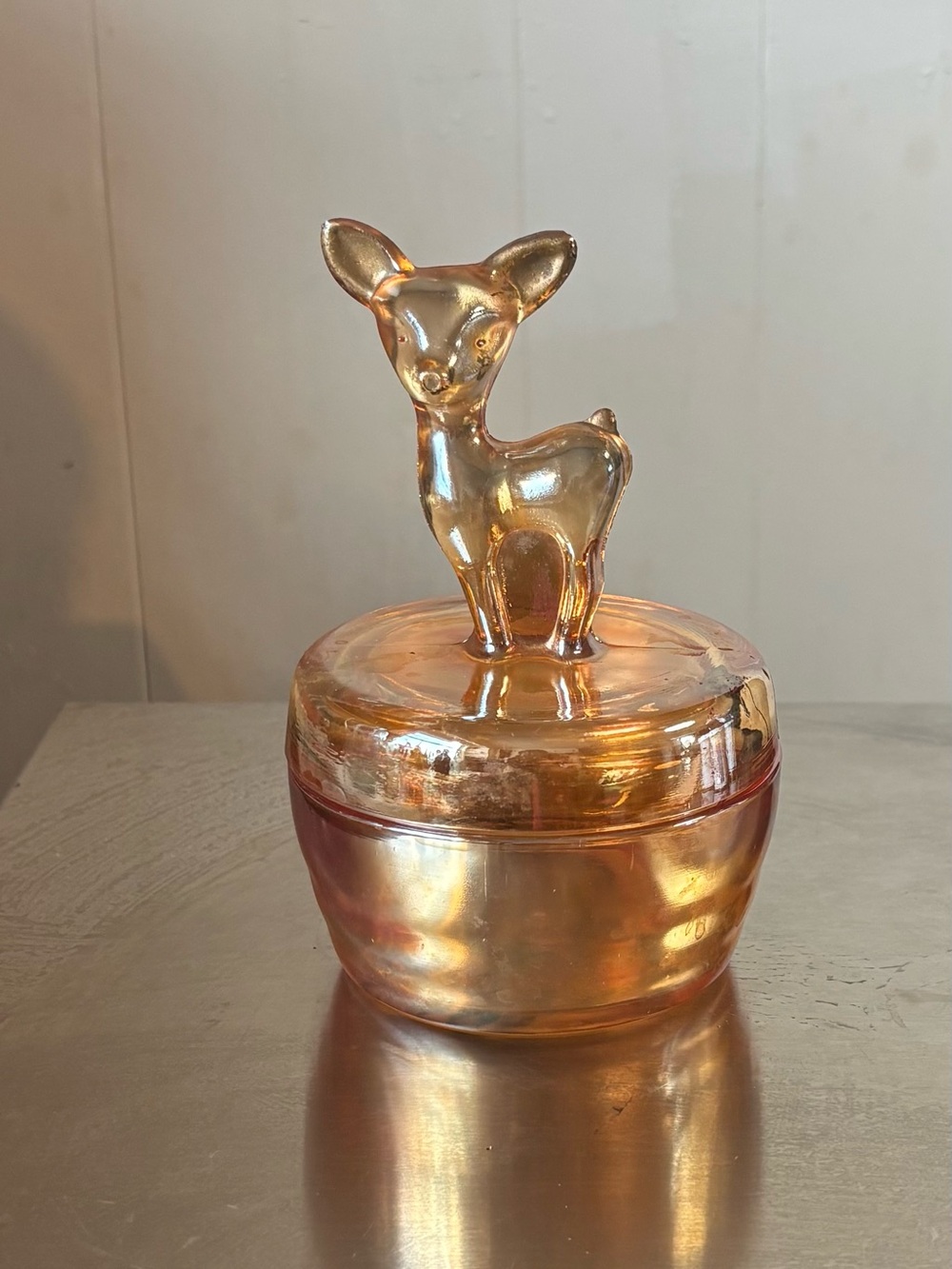 Vintage Jeannette Glass Marigold Carnival Glass Fawn Deer Powder Jar